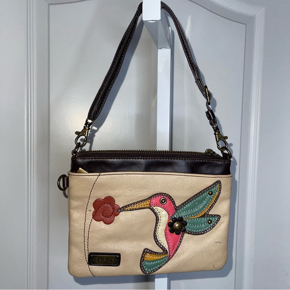 Chala Leather Crossbody Bag Hummingbird Floral Applique Beige Brown Small Purse